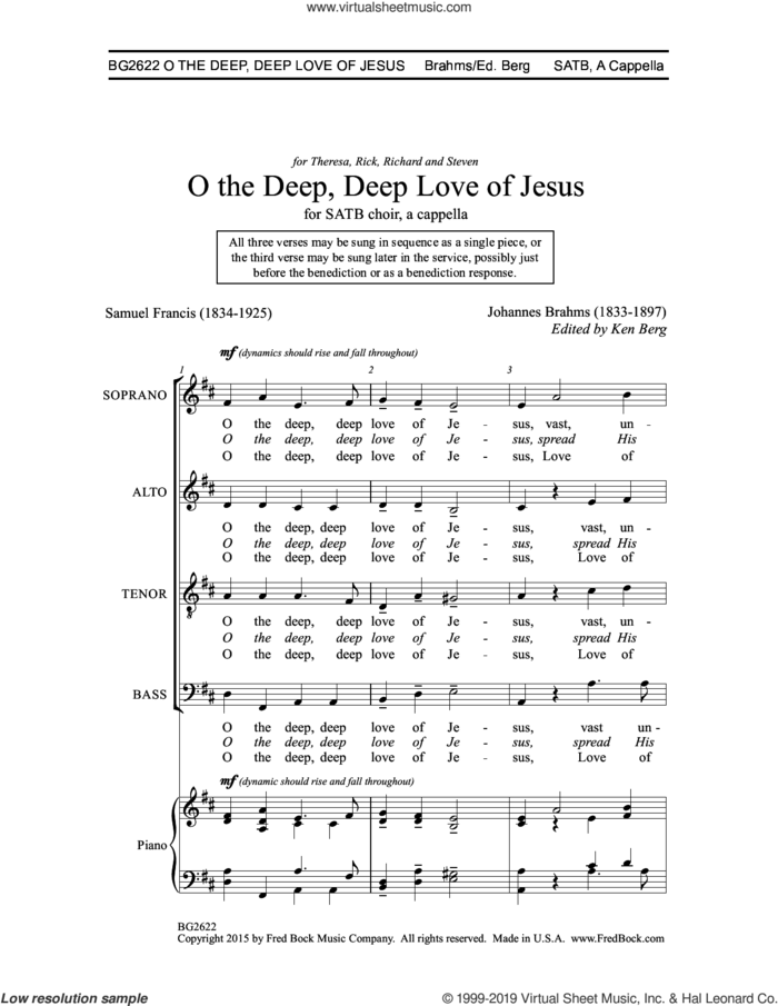O The Deep, Deep Love Of Jesus (ed. Ken Berg) sheet music for choir (SATB: soprano, alto, tenor, bass) by Johannes Brahms, Samuel Trevor Francis and Ken Berg, intermediate skill level