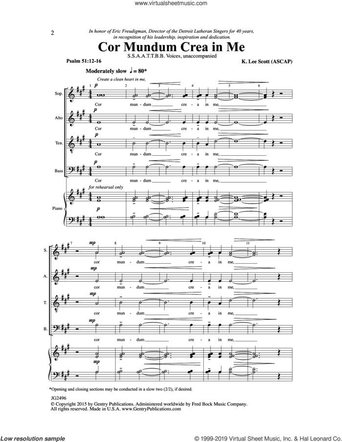 Cor Mundum Crea In Me sheet music for choir (SATB: soprano, alto, tenor, bass) by K. Lee Scott, intermediate skill level
