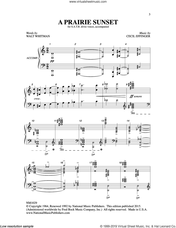 A Prairie Sunset sheet music for choir (SATB: soprano, alto, tenor, bass) by Cecil Effinger, Gregory Gentry and Walt Whitman, intermediate skill level