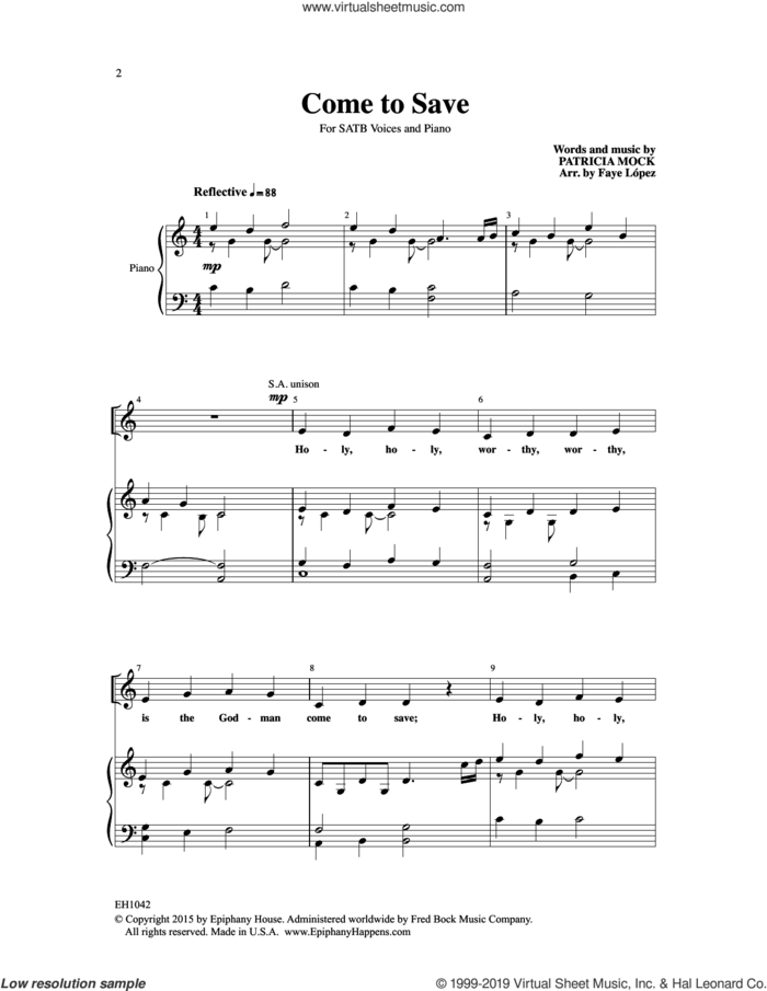 Come To Save (arr. Faye Lopez) sheet music for choir (SATB: soprano, alto, tenor, bass) by Patricia Mock and Faye Lopez, intermediate skill level