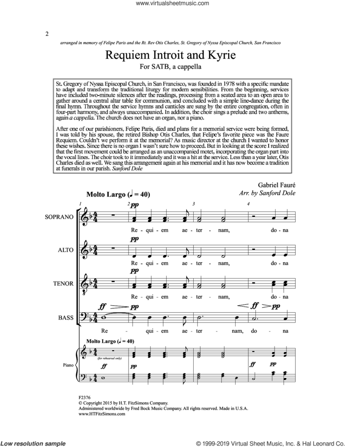 Requiem, Introit And Kyrie (arr. Sanford Dole) sheet music for choir (SATB: soprano, alto, tenor, bass) by Gabriel Faure and Sanford Dole, intermediate skill level