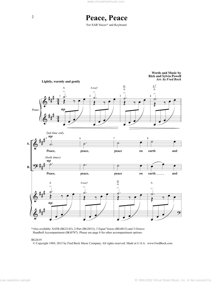 Peace, Peace (arr. Fred Bock) sheet music for choir (SAB: soprano, alto, bass) by Rick and Sylvia Powell, Fred Bock, Rick Powell and Sylvia Powell, intermediate skill level