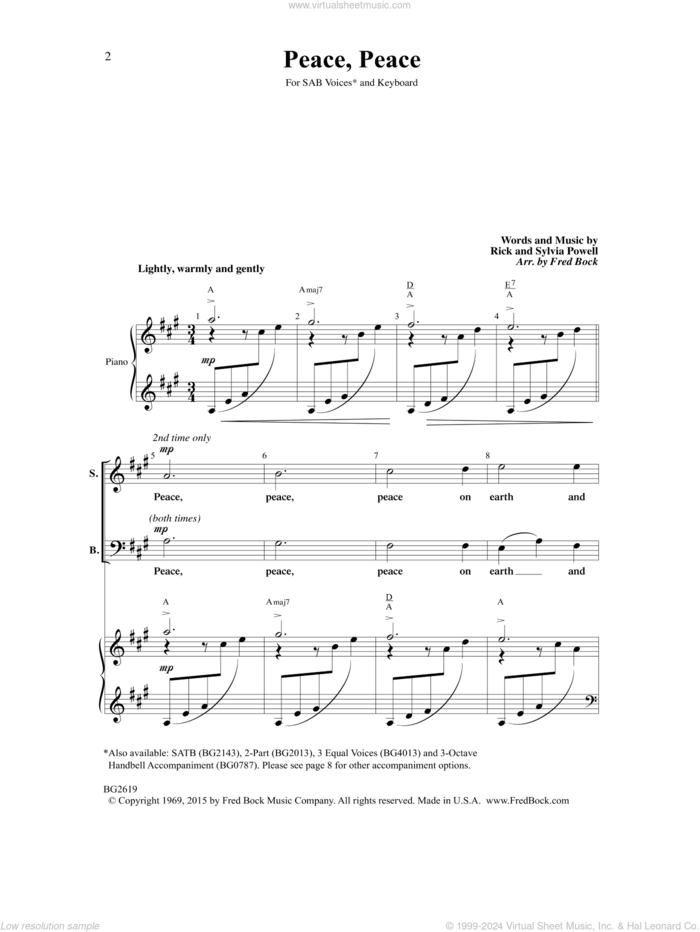 Peace, Peace (arr. Fred Bock) sheet music for choir (SAB: soprano, alto, bass) by Rick and Sylvia Powell, Fred Bock, Rick Powell and Sylvia Powell, intermediate skill level