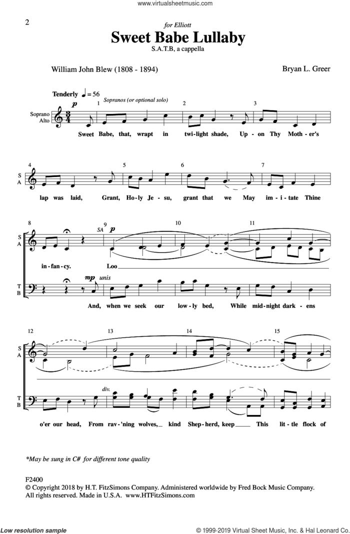 Sweet Babe Lullaby sheet music for choir (SATB: soprano, alto, tenor, bass) by Bryan Greer and William John Blew, intermediate skill level