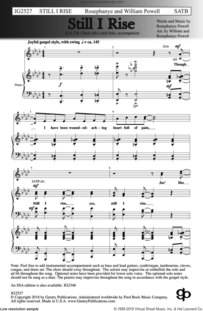 Still I Rise (arr. William and Rosephanye Powell) sheet music for choir (SATB: soprano, alto, tenor, bass) by Rosephanye Powell and William Powell, intermediate skill level