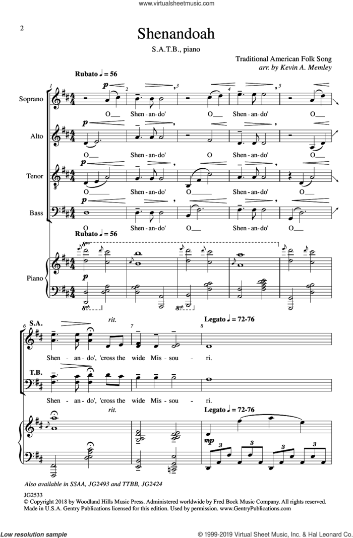 Shenandoah (arr. Kevin A. Memley) sheet music for choir (SATB: soprano, alto, tenor, bass) by Traditional American Folk Song and Kevin Memley, intermediate skill level