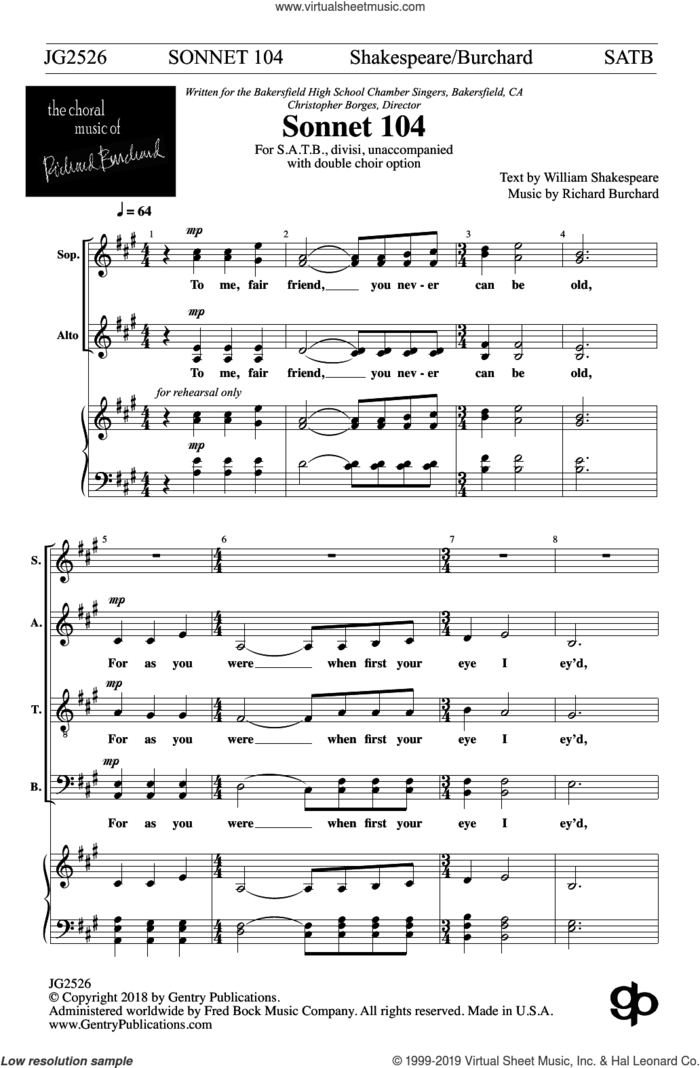 Sonnet 104 sheet music for choir (SATB: soprano, alto, tenor, bass) by Richard Burchard and William Shakespeare, intermediate skill level