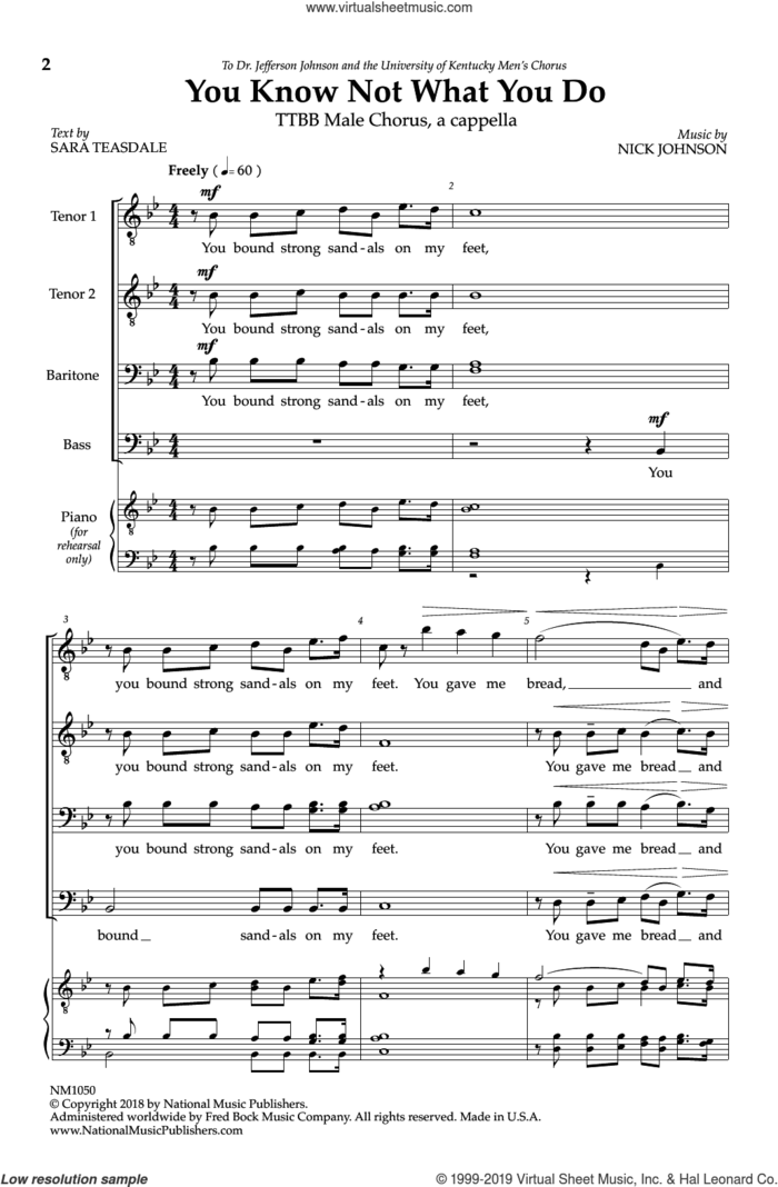 You Know Not What You Do sheet music for choir (TTBB: tenor, bass) by Nick Johnson and Sara Teasdale, intermediate skill level