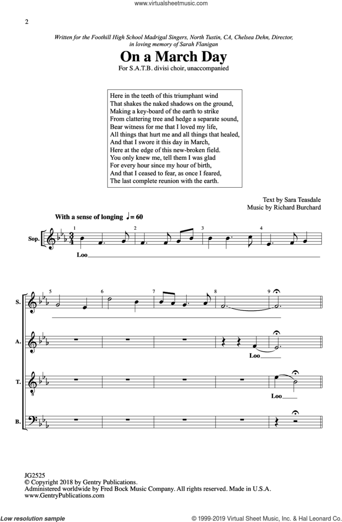 On A March Day sheet music for choir (SATB: soprano, alto, tenor, bass) by Richard Burchard and Sara Teasdale, intermediate skill level