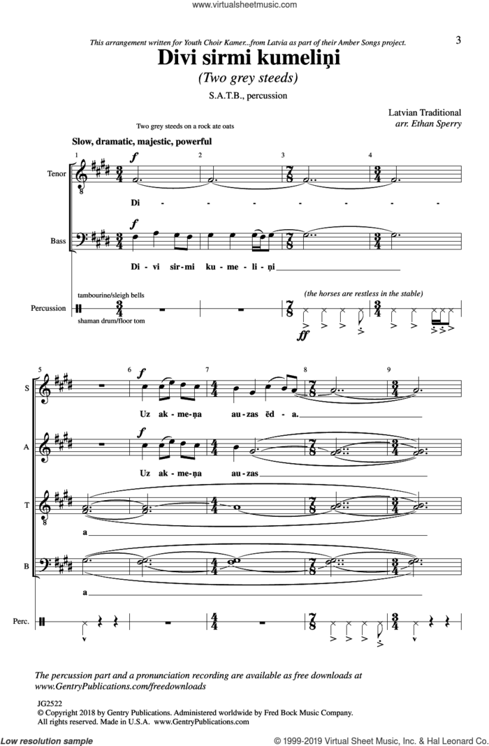 Divi sirmi kumelini (arr. Ethan Sperry) sheet music for choir (SATB: soprano, alto, tenor, bass) by Latvian Traditional and Ethan Sperry, intermediate skill level