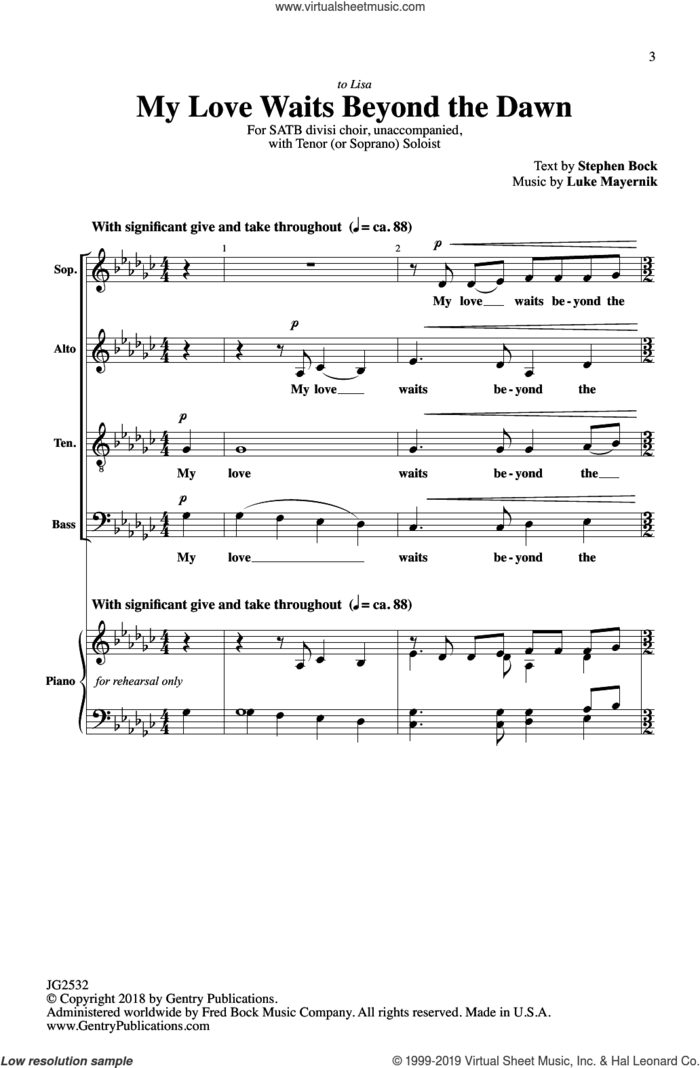 My Love Waits Beyond The Dawn sheet music for choir (SATB: soprano, alto, tenor, bass) by Luke Mayernik and Stephen Bock, intermediate skill level