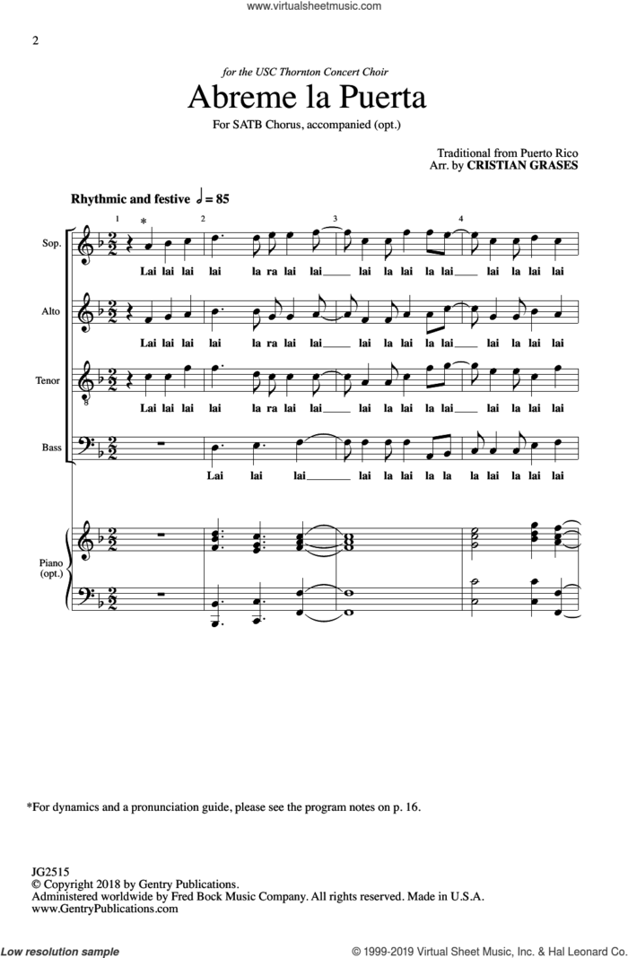 Abreme La Puerta sheet music for choir (SATB: soprano, alto, tenor, bass) by Cristian Grases, intermediate skill level