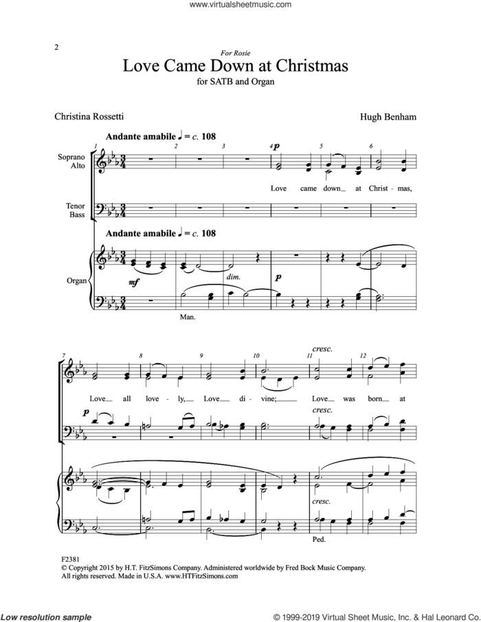 Love Came Down At Christmas sheet music for choir (SATB: soprano, alto, tenor, bass) by Hugh Benham and Christina Rossetti, intermediate skill level