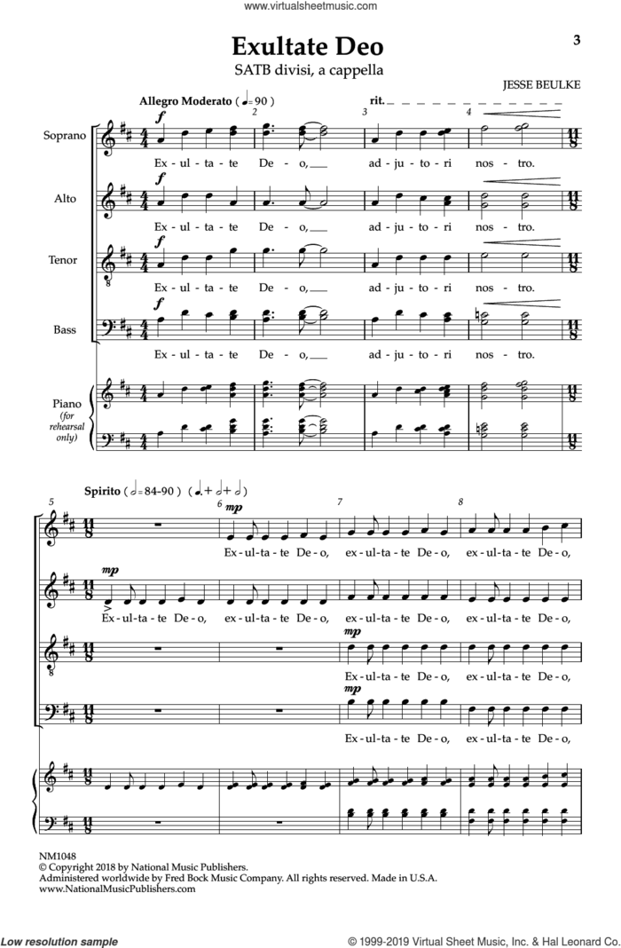 Exultate Deo sheet music for choir (SATB: soprano, alto, tenor, bass) by Jesse Beulke, intermediate skill level
