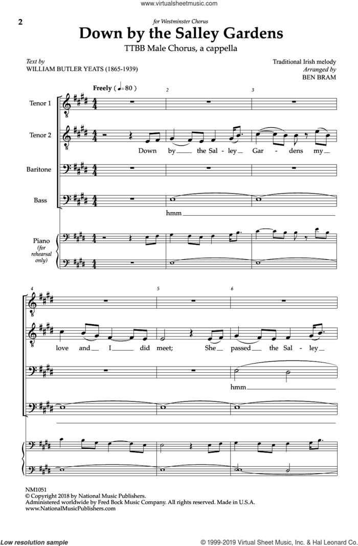 Down By The Salley Gardens sheet music for choir (TTBB: tenor, bass) by Ben Bram, intermediate skill level