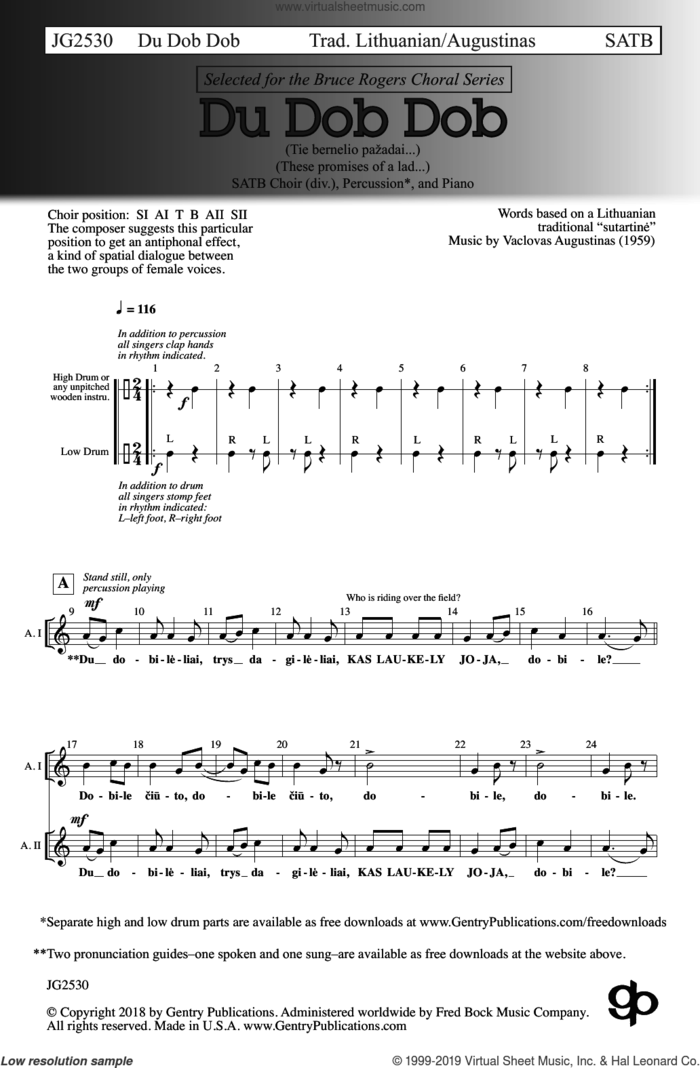 Du Dob Dob sheet music for choir (SATB: soprano, alto, tenor, bass) by Vaclovas Augustinas, intermediate skill level