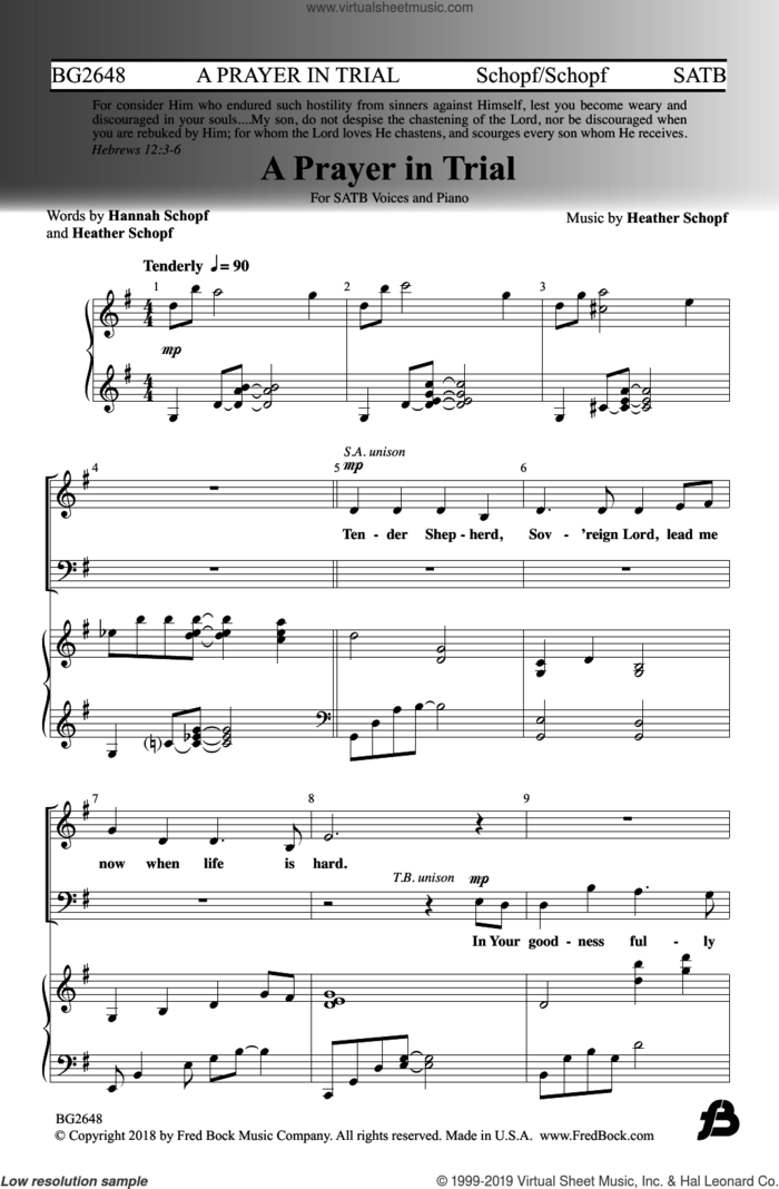 A Prayer In Trial sheet music for choir (SATB: soprano, alto, tenor, bass) by Heather Schopf and Hannah Schopf, intermediate skill level