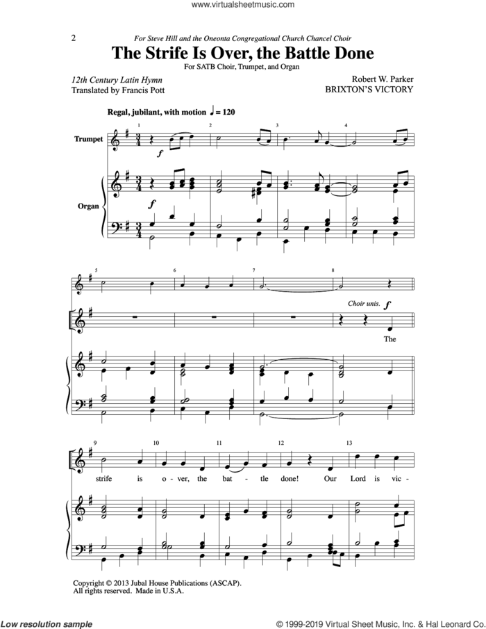 The Strife Is Over, The Battle Done sheet music for choir (SATB: soprano, alto, tenor, bass) by Robert W. Parker, intermediate skill level