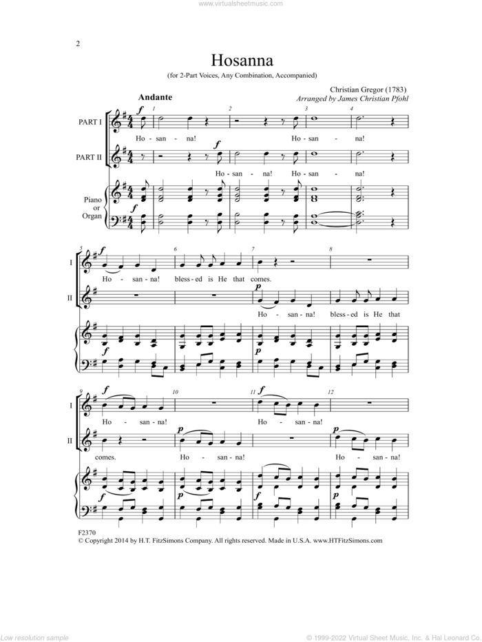 Hosanna (arr. James Christian Pfohl) sheet music for choir (2-Part) by Christian Gregor and James Christian Pfohl, intermediate duet