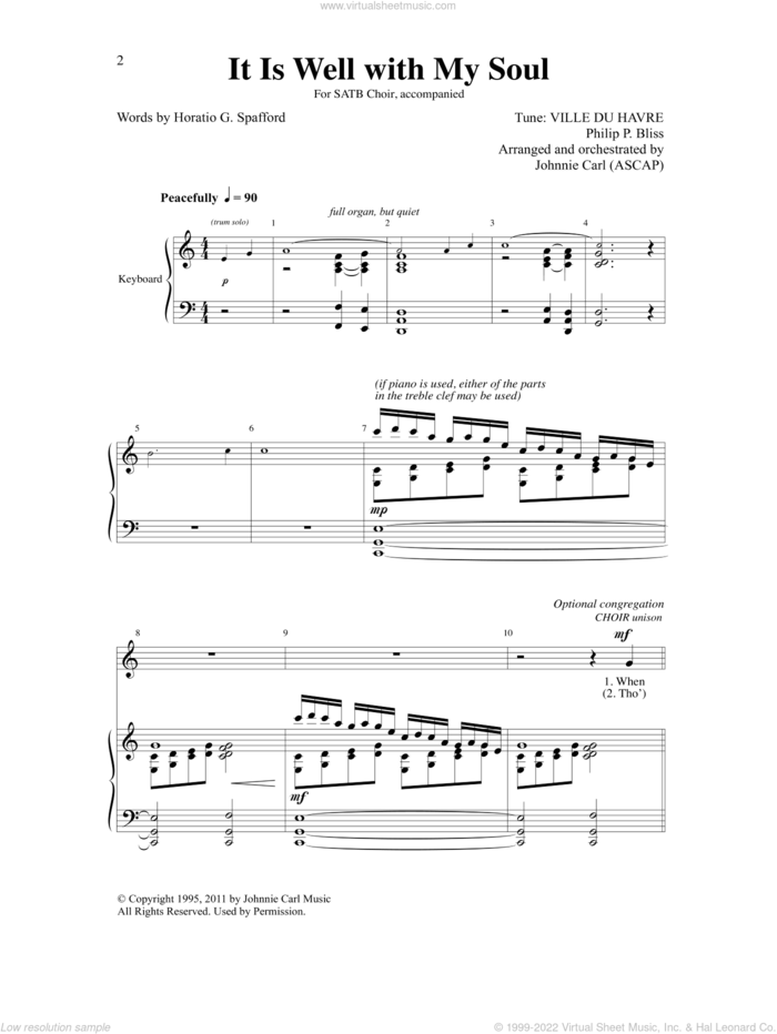 It Is Well With My Soul (arr. Johnnie Carl) sheet music for choir (SATB: soprano, alto, tenor, bass) by Philip P. Bliss and Johnnie Carl, intermediate skill level