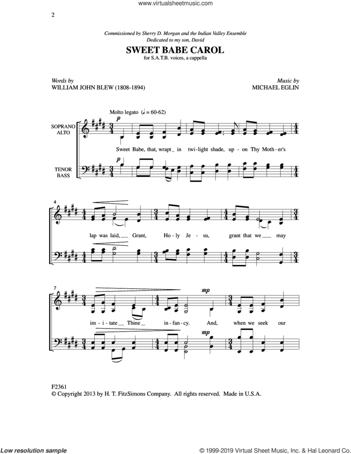 Sweet Babe Carol sheet music for choir (SATB: soprano, alto, tenor, bass) by Michael Eglin and William John Blew, intermediate skill level
