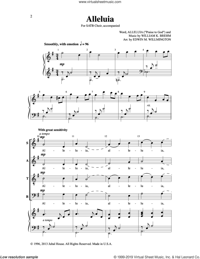 Alleluia (arr. Edwin M. Willmington) sheet music for choir (SATB: soprano, alto, tenor, bass) by William K. Brehm and Edwin M. Willmington, intermediate skill level