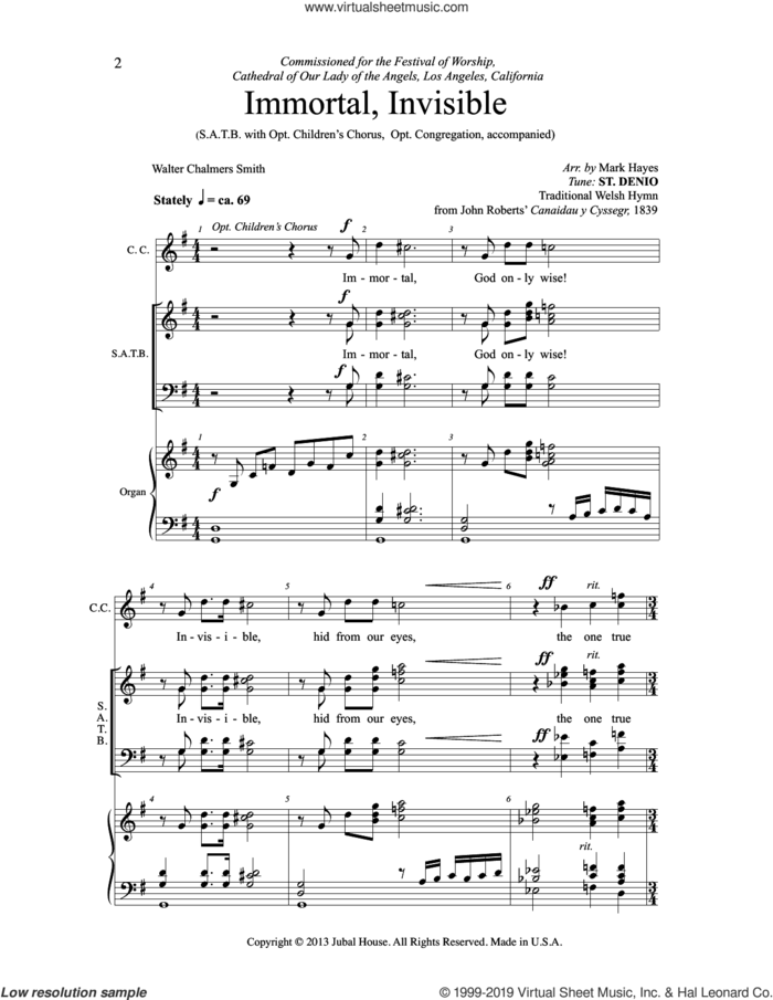 Immortal, Invisible, God Only Wise (arr. Mark Hayes) sheet music for choir (SATB: soprano, alto, tenor, bass) by Traditional Welsh Hymn and Mark Hayes, intermediate skill level