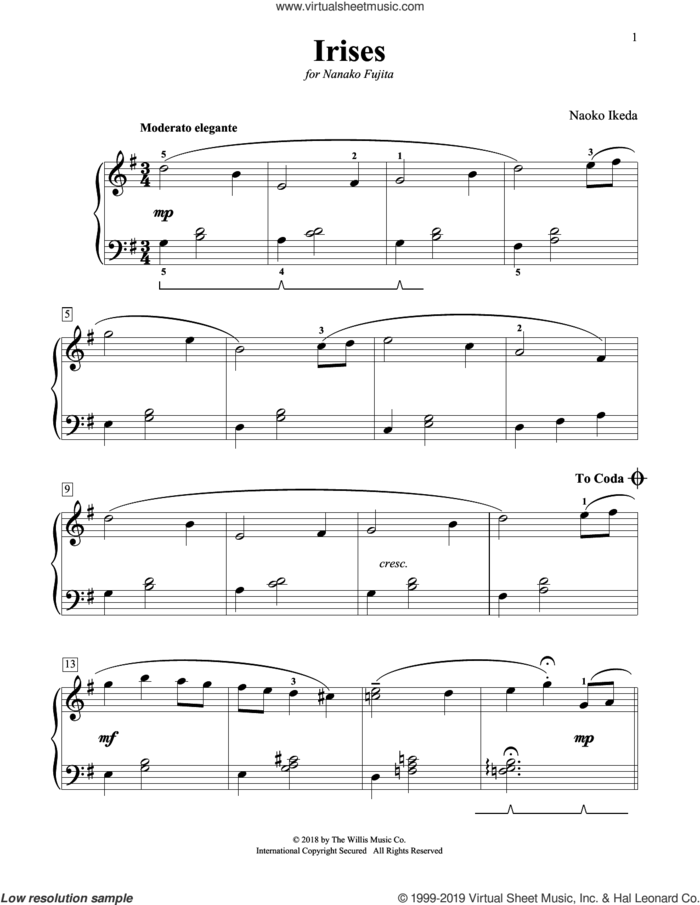 Irises sheet music for piano solo (elementary) by Naoko Ikeda, beginner piano (elementary)