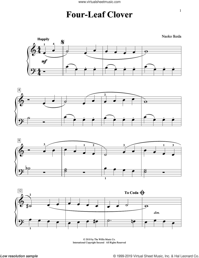 Four-Leaf Clover sheet music for piano solo (elementary) by Naoko Ikeda, beginner piano (elementary)