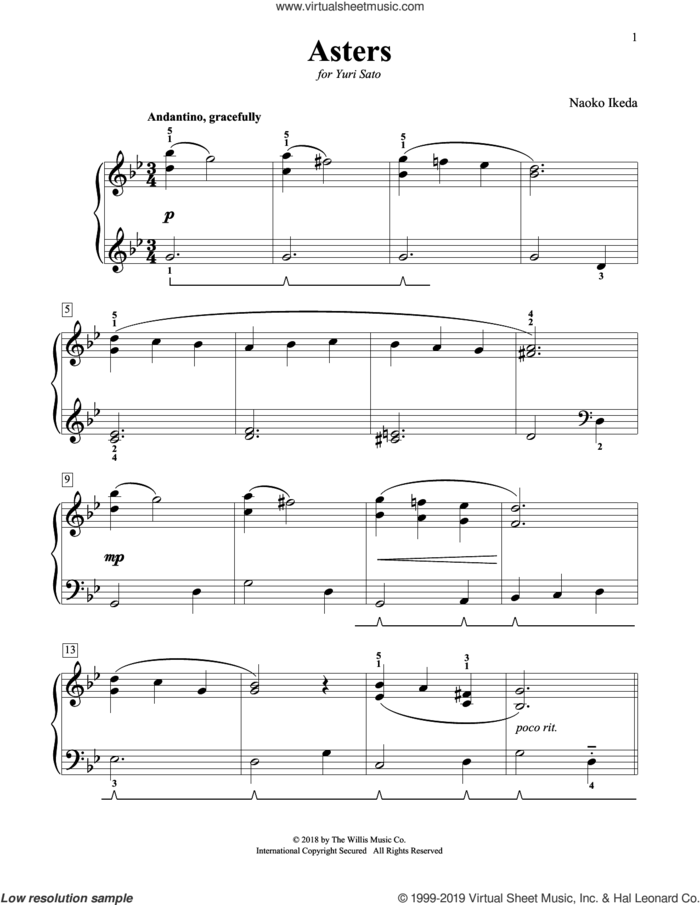 Asters sheet music for piano solo (elementary) by Naoko Ikeda, beginner piano (elementary)