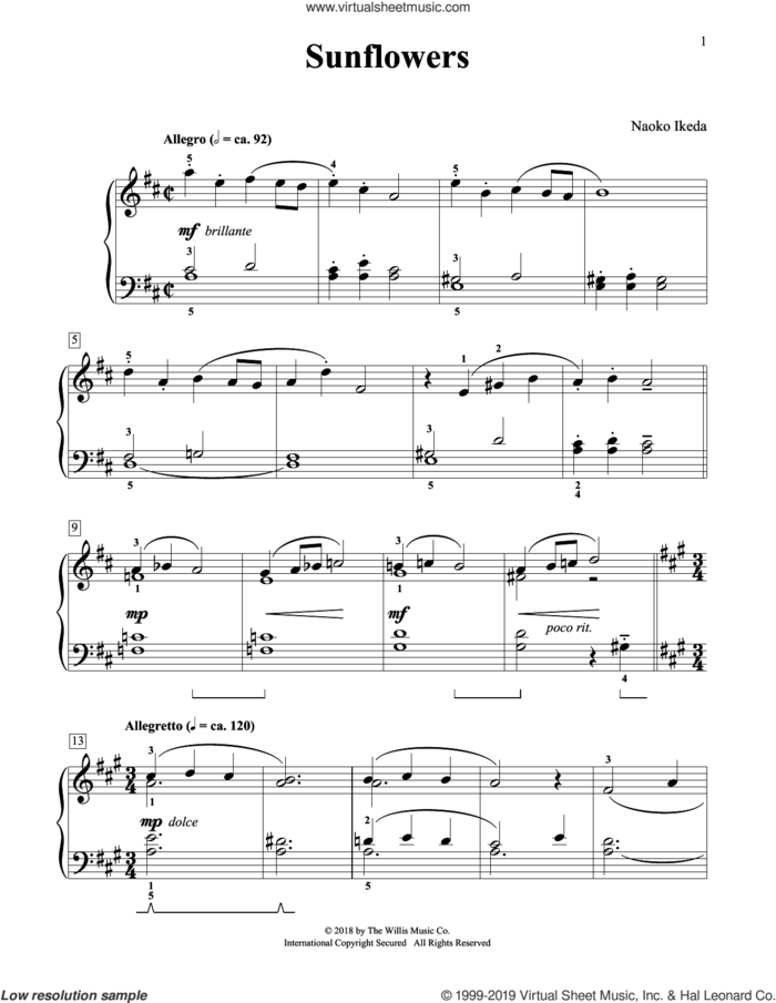 Sunflowers sheet music for piano solo (elementary) by Naoko Ikeda, beginner piano (elementary)