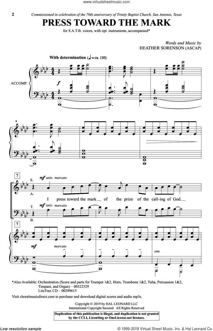 Press Toward The Mark sheet music for choir (SATB: soprano, alto, tenor, bass) by Heather Sorenson, intermediate skill level