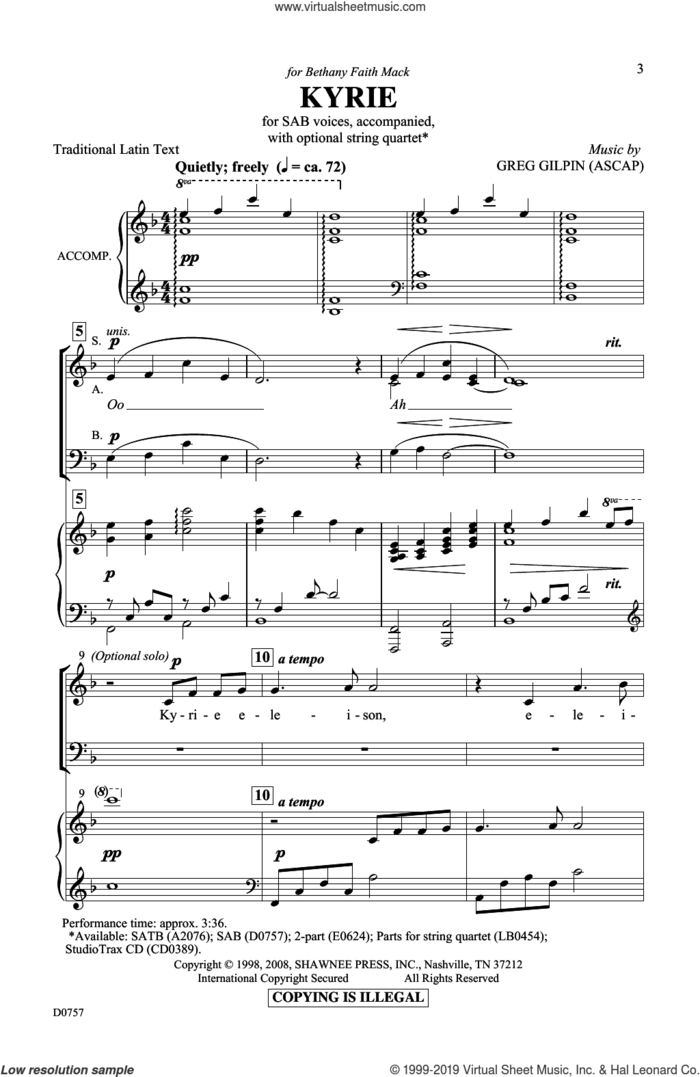 Kyrie sheet music for choir (SAB: soprano, alto, bass) by Greg Gilpin and Miscellaneous, intermediate skill level