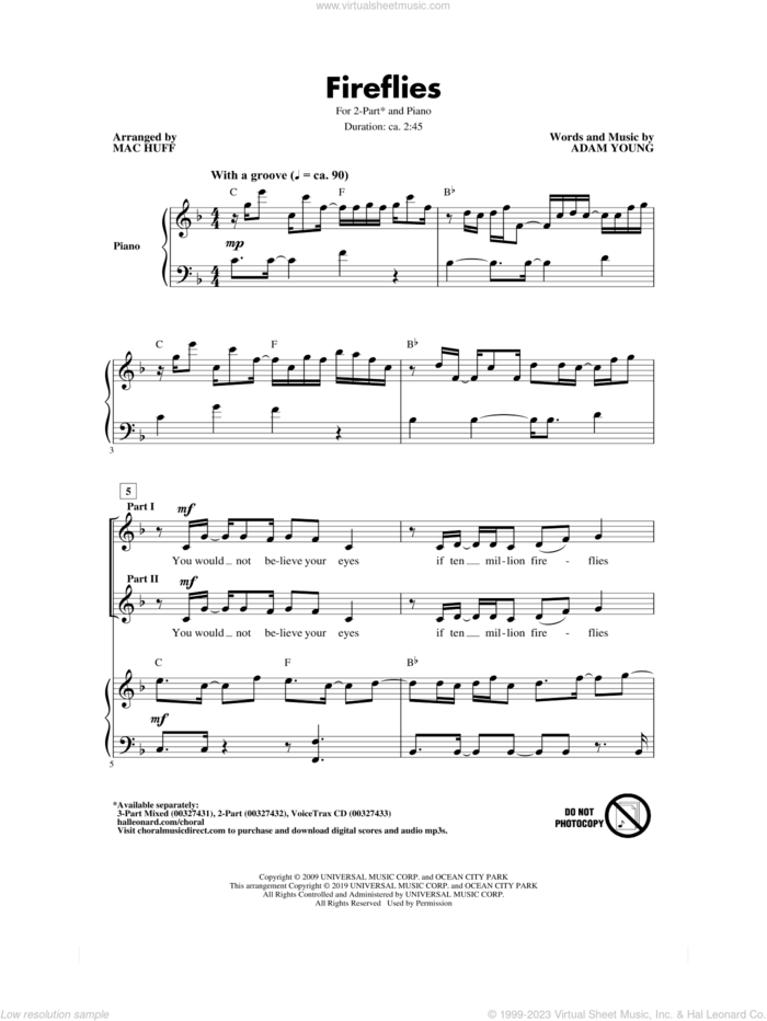 Fireflies (arr. Mac Huff) sheet music for choir (2-Part) by Owl City, Mac Huff and Adam Young, intermediate duet