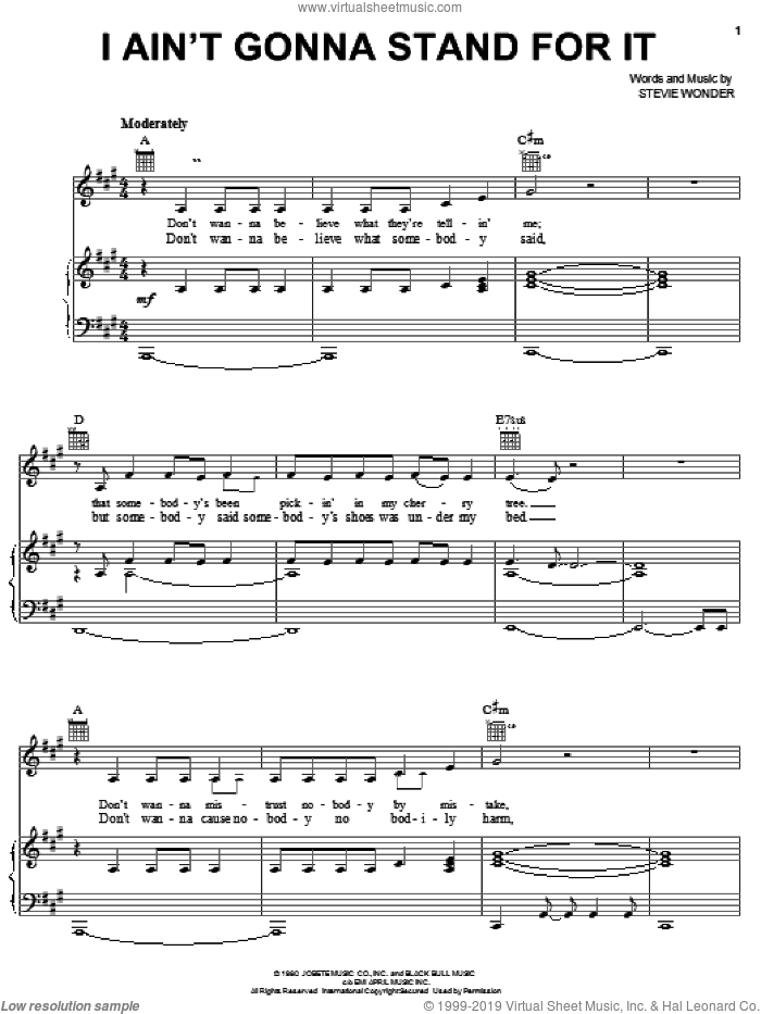 I Ain't Gonna Stand For It sheet music for voice, piano or guitar by Stevie Wonder, intermediate skill level