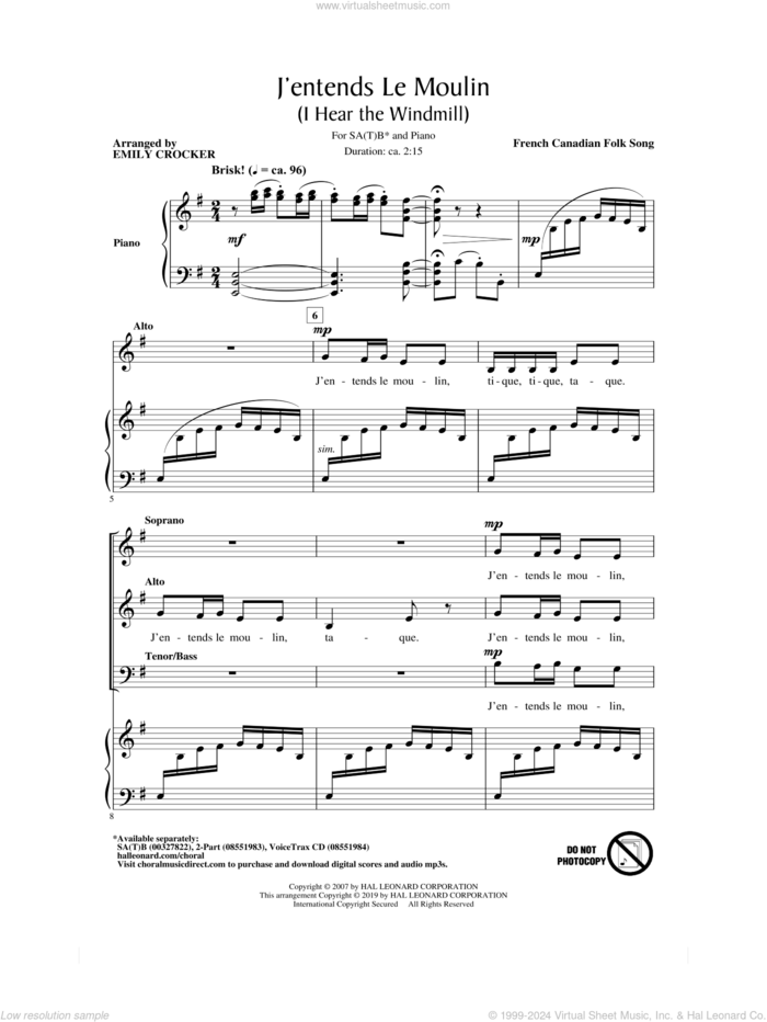 J'entends Le Moulin (I Hear the Windmill) (arr. Emily Crocker) sheet music for choir (SATB: soprano, alto, tenor, bass) by French Canadian Folk Song and Emily Crocker, intermediate skill level