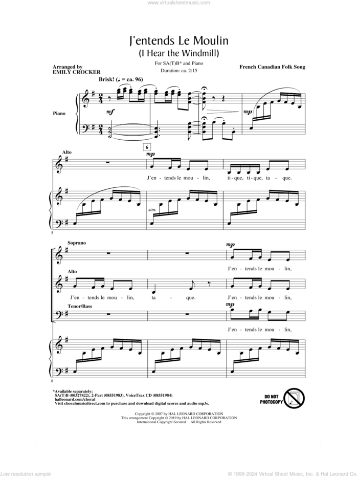 J'entends Le Moulin (I Hear the Windmill) (arr. Emily Crocker) sheet music for choir (SATB: soprano, alto, tenor, bass) by French Canadian Folk Song and Emily Crocker, intermediate skill level