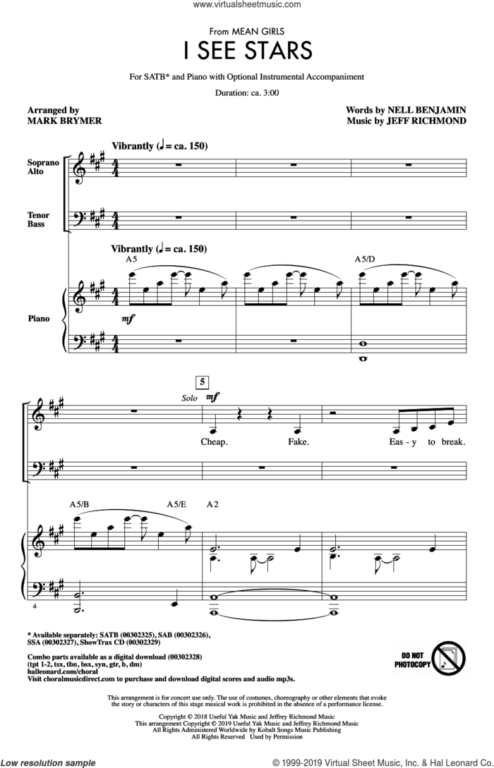 I See Stars (from Mean Girls: The Broadway Musical) (arr. Mark Brymer) sheet music for choir (SATB: soprano, alto, tenor, bass) by Nell Benjamin, Mark Brymer, Jeff Richmond and Jeff Richmond & Nell Benjamin, intermediate skill level