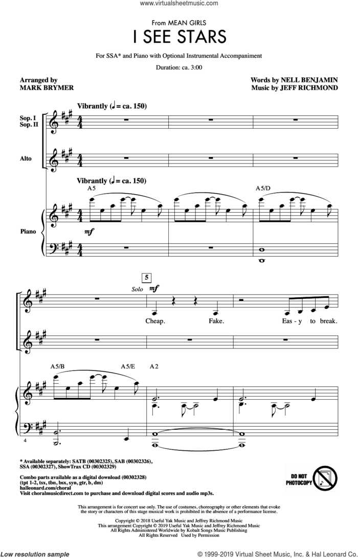 I See Stars (from Mean Girls: The Broadway Musical) (arr. Mark Brymer) sheet music for choir (SSA: soprano, alto) by Nell Benjamin, Mark Brymer, Jeff Richmond and Jeff Richmond & Nell Benjamin, intermediate skill level