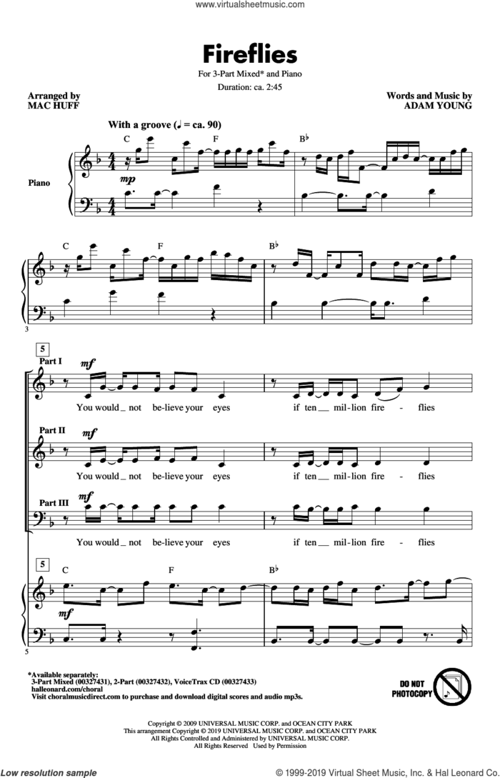 Fireflies (arr. Mac Huff) sheet music for choir (3-Part Mixed) by Owl City, Mac Huff and Adam Young, intermediate skill level