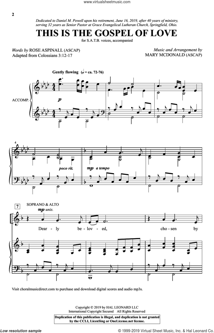 This Is The Gospel Of Love (arr. Mary McDonald) sheet music for choir (SATB: soprano, alto, tenor, bass) by Mary McDonald and Rose Aspinall, intermediate skill level