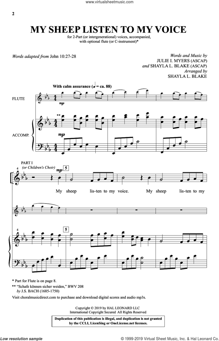 My Sheep Listen To My Voice (arr. Shayla L. Blake) sheet music for choir (2-Part) by Julie I. Myers, Julie I. Myers and Shayla L. Blake and Shayla L. Blake, intermediate duet