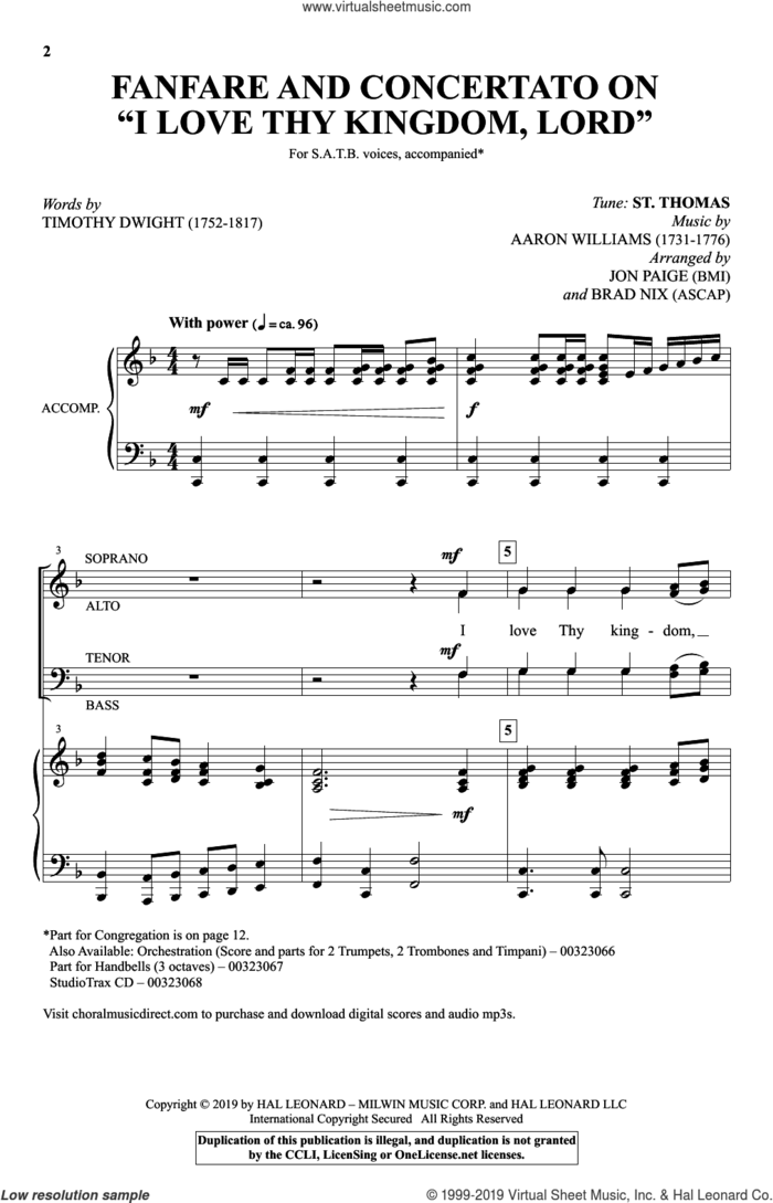 Fanfare And Concertato On 'I Love Thy Kingdom, Lord' (arr. Jon Paige and Brad Nix) sheet music for choir (SATB: soprano, alto, tenor, bass) by Timothy Dwight, Brad Nix and Jon Paige, intermediate skill level