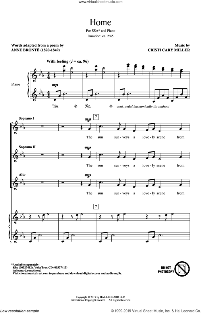 Home sheet music for choir (SSA: soprano, alto) by Cristi Cary Miller and Anne Bronte, intermediate skill level