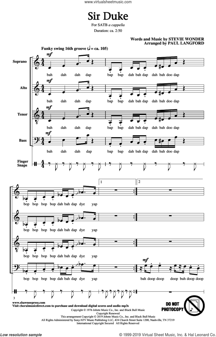 Sir Duke (arr. Paul Langford) sheet music for choir (SATB: soprano, alto, tenor, bass) by Stevie Wonder and Paul Langford, intermediate skill level