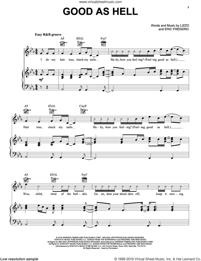 Good As Hell sheet music for voice, piano or guitar by Lizzo and Eric Frederic, intermediate skill level