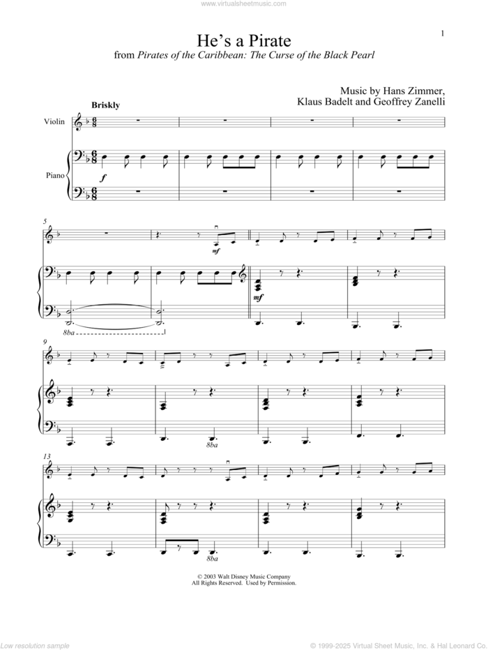 He's A Pirate (from Pirates Of The Caribbean: The Curse of the Black Pearl) sheet music for violin and piano by Hans Zimmer, Geoffrey Zanelli and Klaus Badelt, intermediate skill level