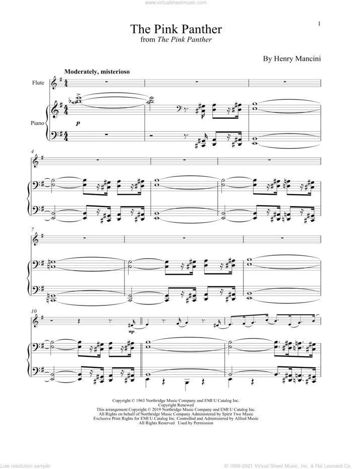 The Pink Panther sheet music for flute and piano by Henry Mancini, intermediate skill level