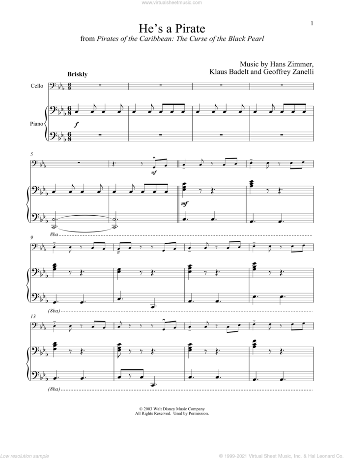 He's A Pirate (from Pirates Of The Caribbean: The Curse of the Black Pearl) sheet music for cello and piano by Hans Zimmer, Geoffrey Zanelli and Klaus Badelt, intermediate skill level