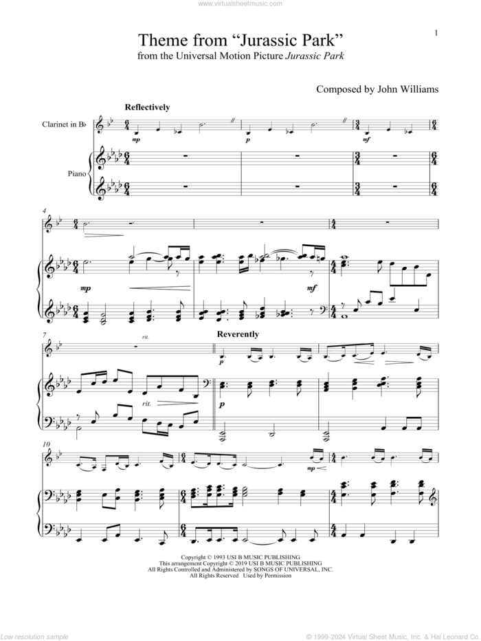 Theme From 'Jurassic Park' sheet music for clarinet and piano by John Williams, intermediate skill level